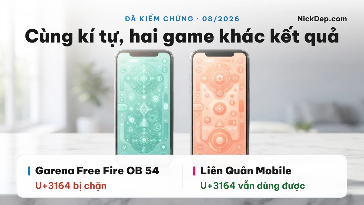 So sánh kí tự khoảng trống U+3164 bị chặn trong Garena Free Fire OB 54 nhưng vẫn dùng được trong Liên Quân Mobile