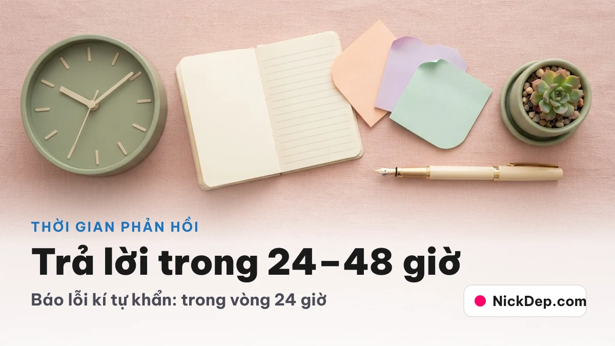 Thời gian phản hồi của NickDep.com: báo lỗi kí tự 24 giờ, câu hỏi thường 24–48 giờ, yêu cầu nội dung 3–7 ngày, khiếu nại bản quyền 3 ngày làm việc